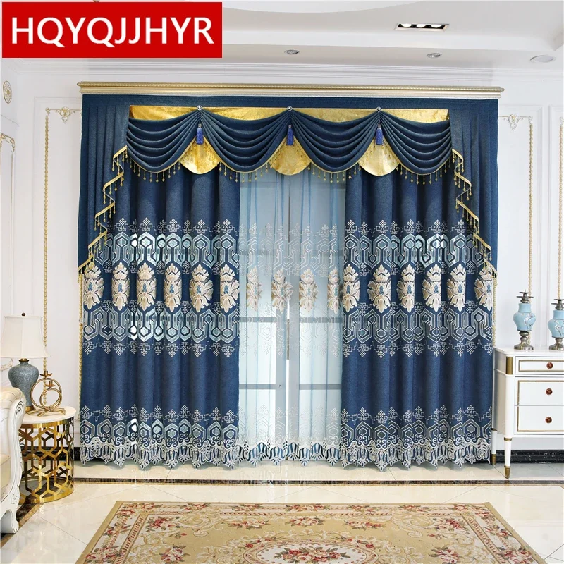 

Dark blue European and American embroidery decoration elegant villa living room curtains high quality curtains for bedroom hotel
