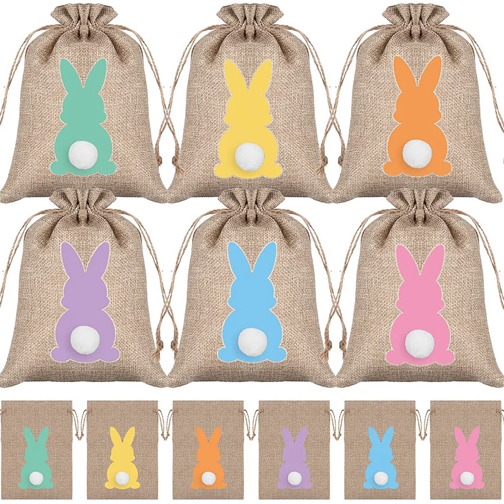 

24Pcs Easter Burlap Bag Easter Jute Linen Burlap Bags with Drawstring Easter Goodie Treat Bag Easter Favor Bunny Easter Gift Bag