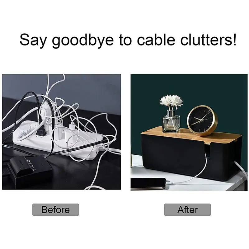 대나무 뚜껑이 있는 2X 케이블 관리 상자 연장 코드용 소형 케이블 정리 상자 전원 스트립 서지 보호기(검은색)