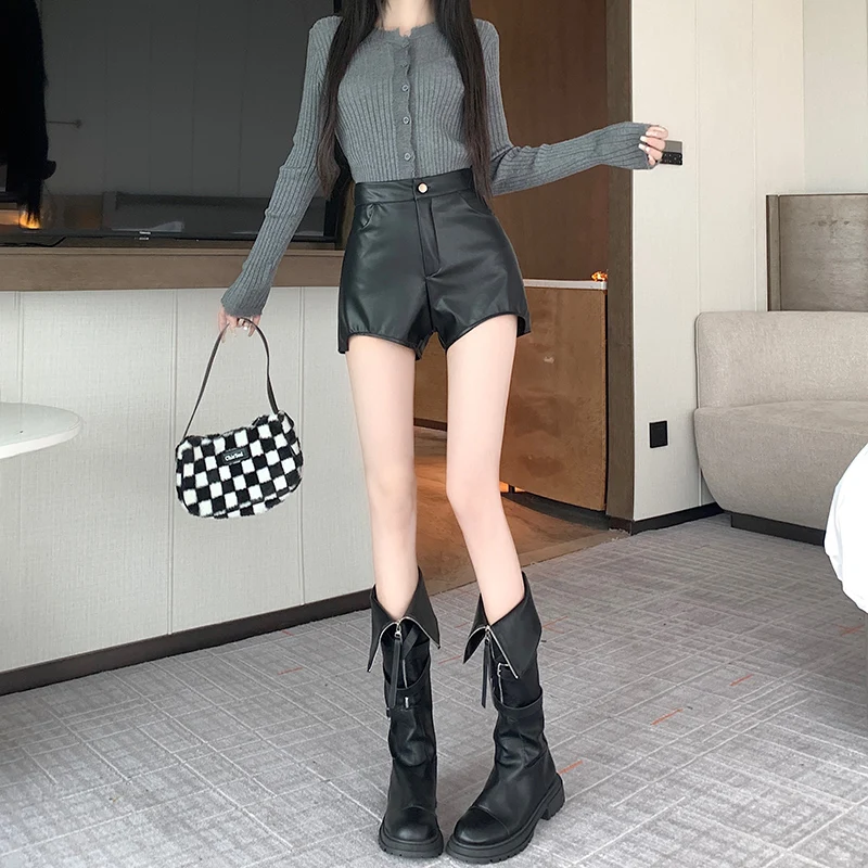 2023 New Winter Women's Leather Shorts with High Waist, Slimming PU Leather Wrap Hip Tight, Sexy Hot Pants and Bottom Boots