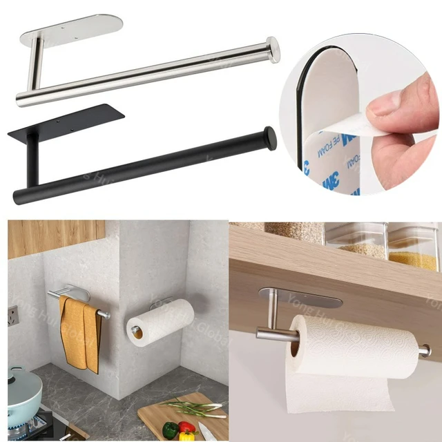 Soporte para papel de cocina de acero inoxidable, portarrollos de papel  higiénico adhesivo, sin agujeros, para cocina, baño, estante de  almacenamiento alargado