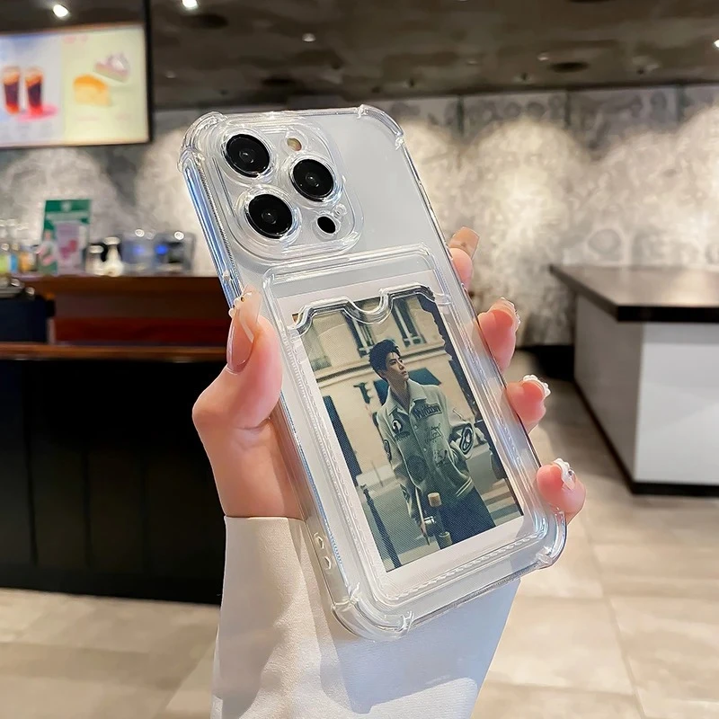 Transparent Card Bag Holder Phone Case For iPhone16 11 12 13 14 15 ProMax X Xs Max XR Plus Mini Wallet Silicone Shockproof Cover