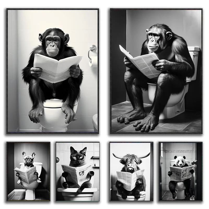 Funny Toilet Animals Bulldog,Highland Cow,Monkey Reading Giornale Canvas Poster Wall Art Pictures Home Farmhouse Decor