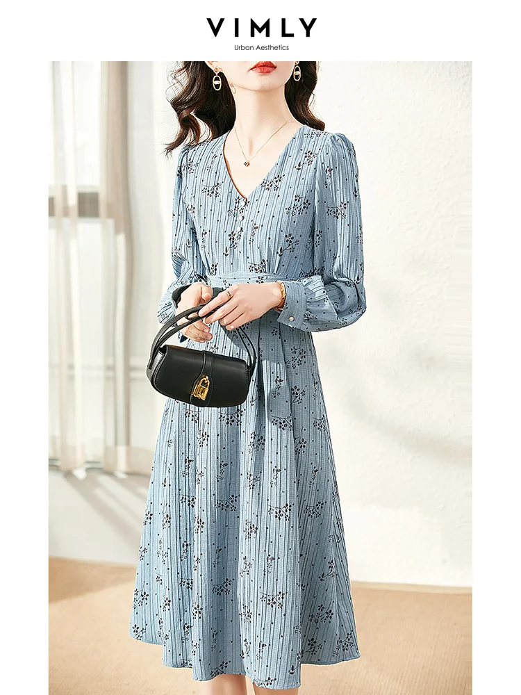 

Vimly Textured Floral Printed Blue Dresses for Women 2023 French V-neck Long Sleeve Female Regulai Fit Pleated Dress V1693