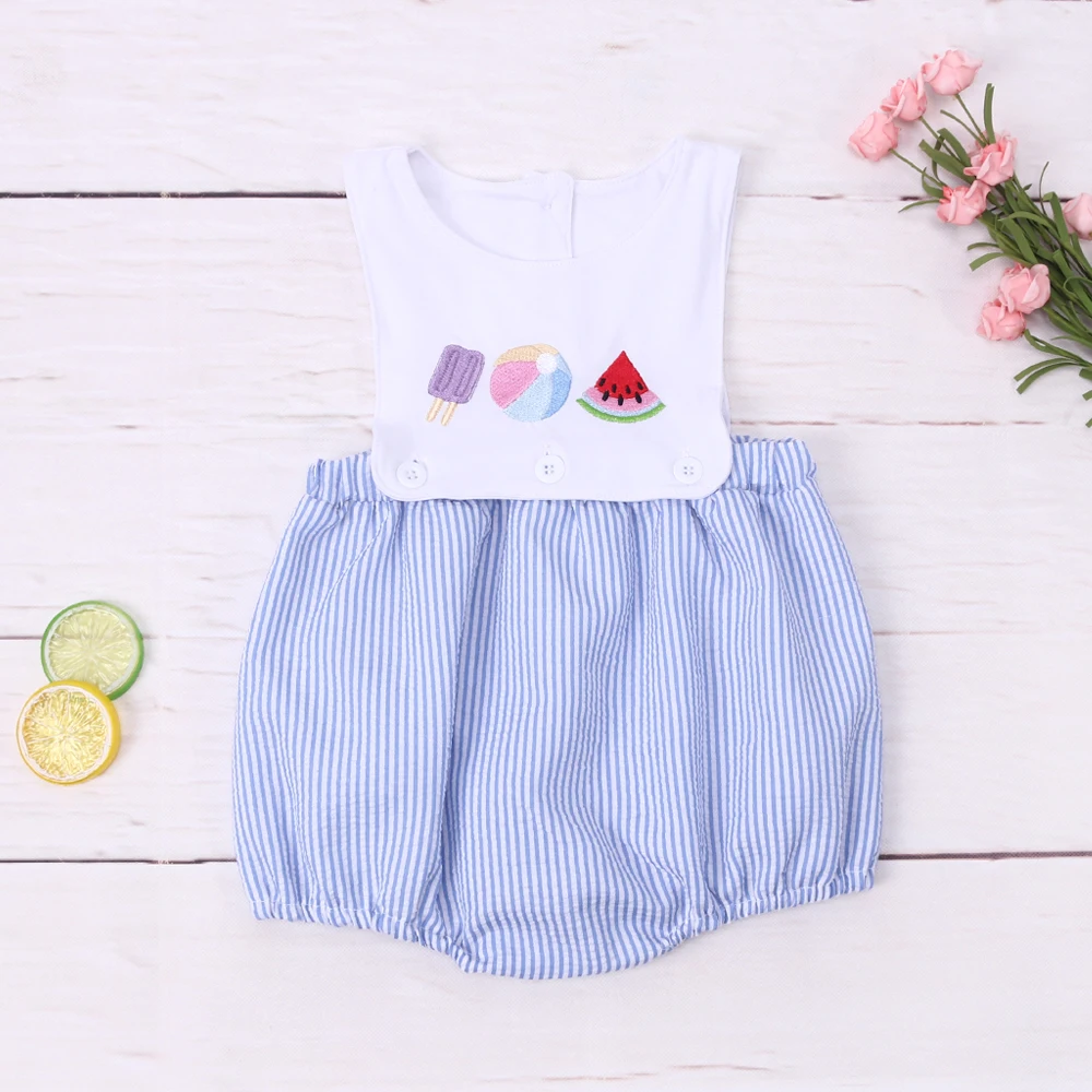 

Summer 0-3T Jumpsuit Baby Boy Clothes Ice Cream Embroidery Bubble Infant Romper Sleeve Bluey Short Bodysuit Seersucker Outfit
