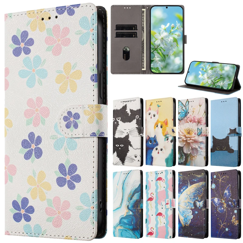Cartoon Cat Animal Pattern Flip Wallet Phone Case with Stand Feature