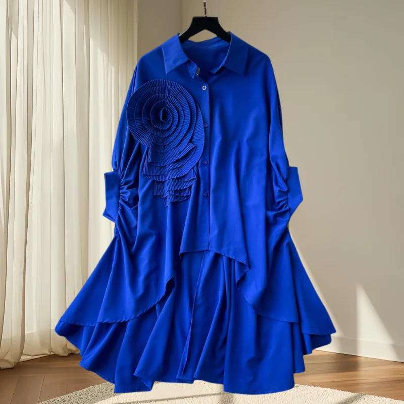 2025، جديد، أوروبي، ملابس، فضفاض، بلوزة، أنيق، ياقة مقلوبة، غير منتظمة، زهور ثلاثية الأبعاد، نسائية، كم باتوينج، بلايز، 41293