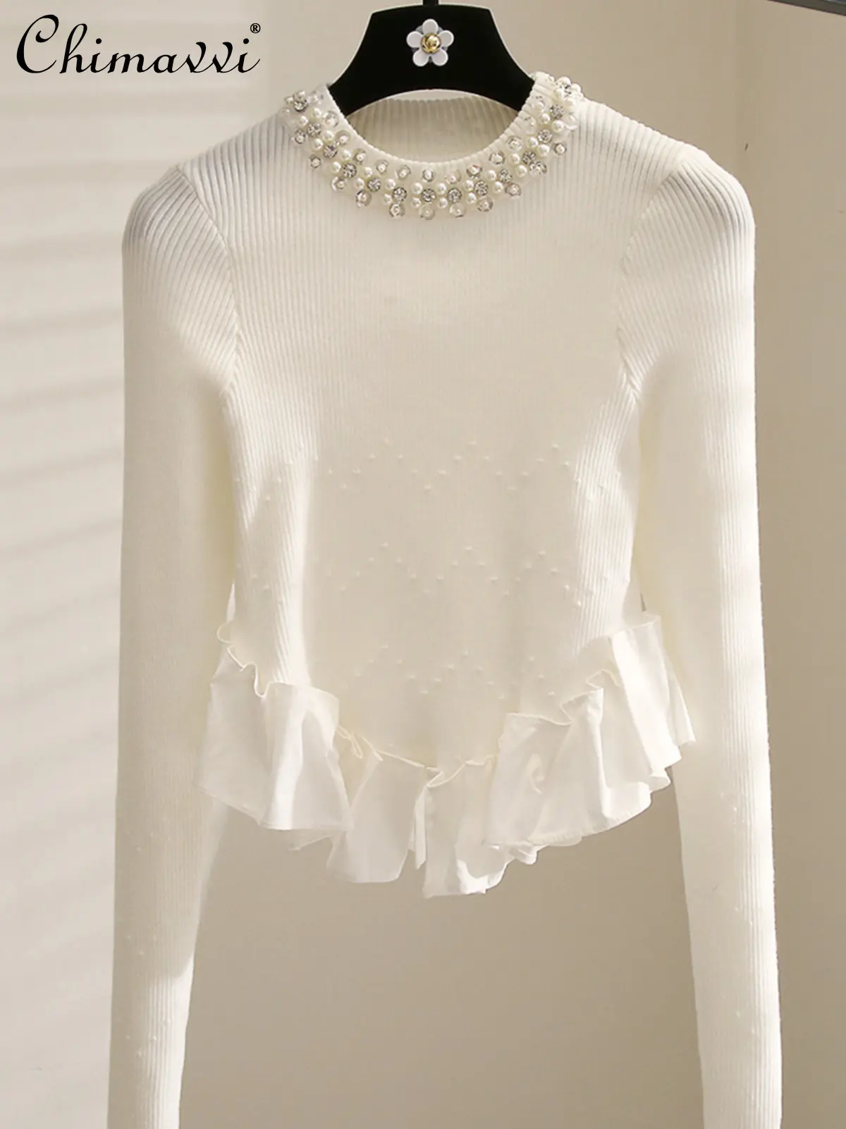 

Новинка Осень 2022, Модный Элегантный дизайнерский свитер в Корейском стиле с бусинами, женский простой Повседневный пуловер с кружевом и прострочкой, трикотажный топ