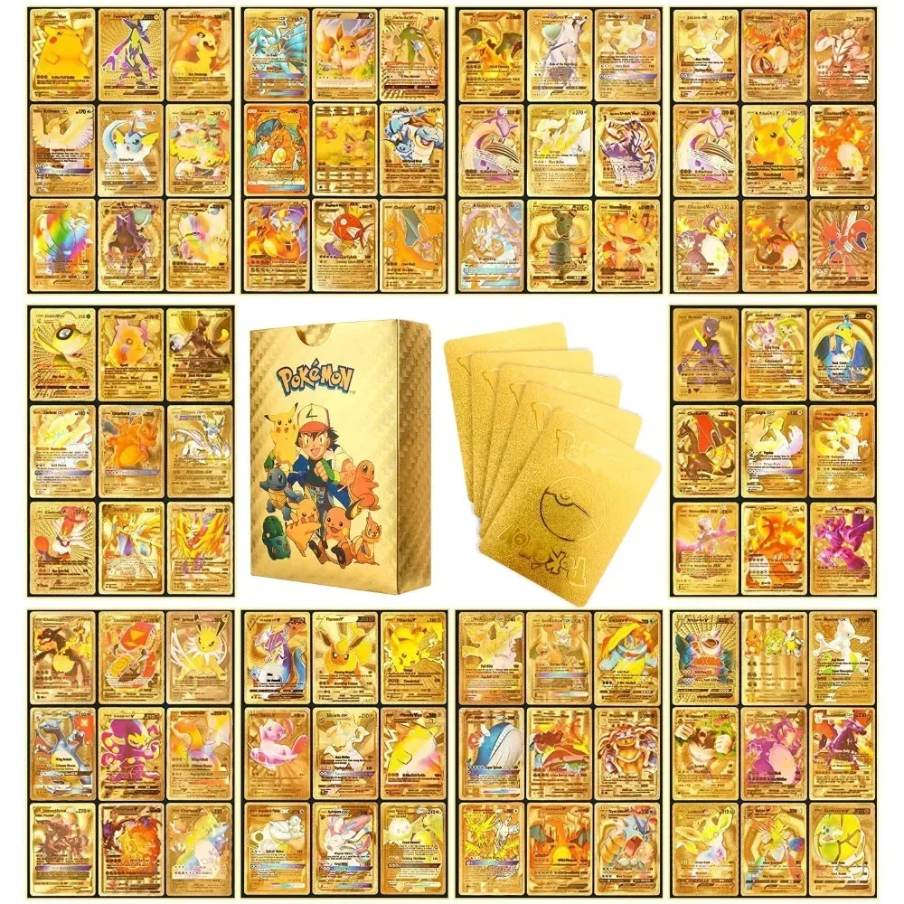 55 Pz/Set Carte Pokemon Metallo Oro Vmax Gx Energy Card Charizard Pikachu Rare Collection Battle Trainer Card Kid Toy Gift