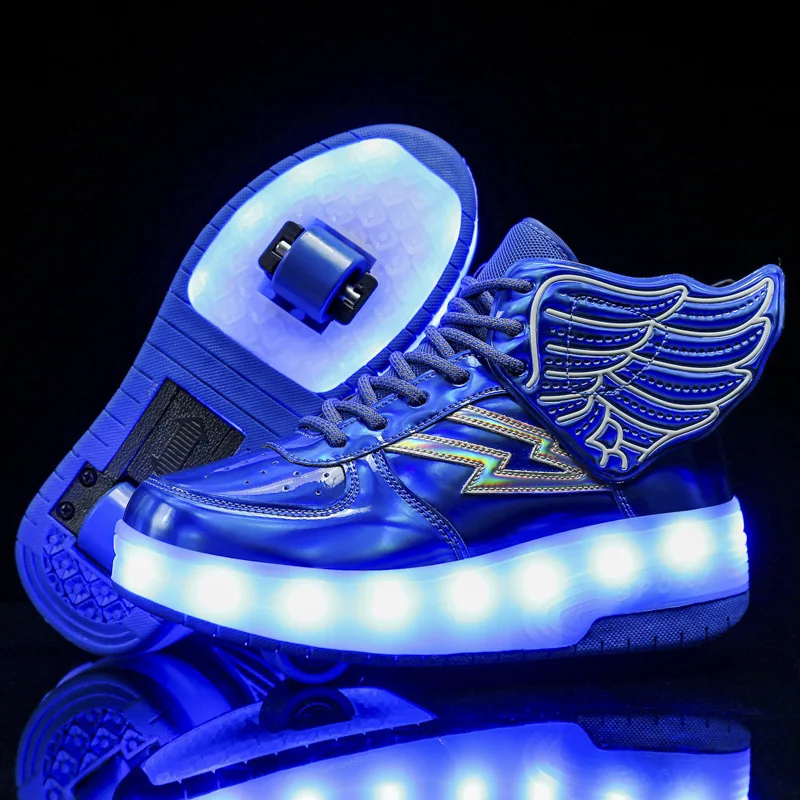 Two Wheels Children Roller Shoes With Wing LED USB Charging Casual Sports Boys & Girls  Roller Skates Kids Sneakers Size 28-42 children s kids boys girls usb charging glowing casual sneakers led light wheels outdoor parkour roller skate shoes sports for