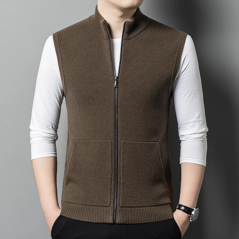 Warm 100% Sheep Wool Cardigan Autumn & Winter Men's Sleeveless Sweater Vest Casual Pure Wool Thick Zipper Waistcoat