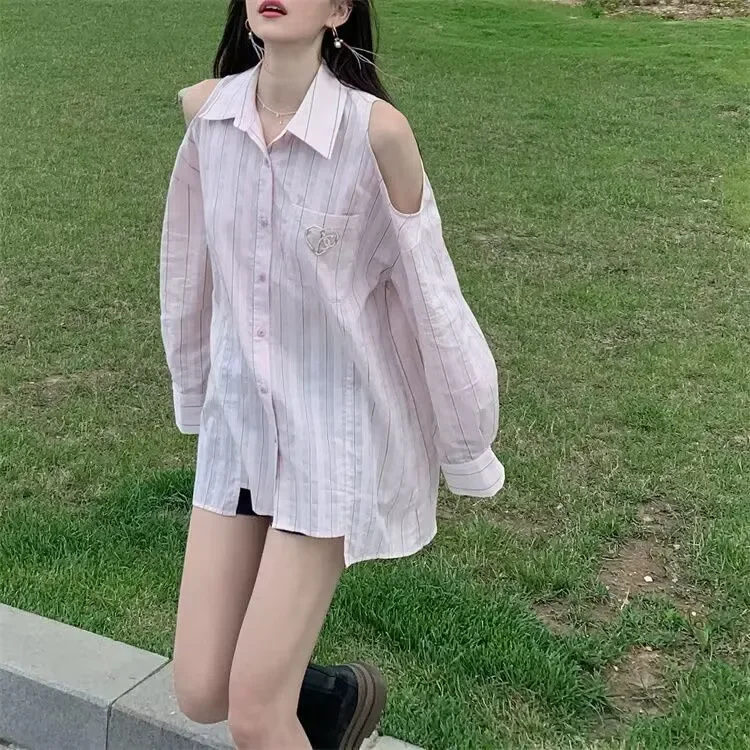 

Blouse Women Oversized Tops Fashion Striped Long Sleeve Shirts 2023 Blusas Mujer De Moda Korean Casual Off Shoulder Blouses