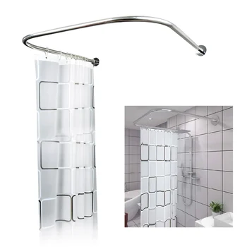 Set di aste per tende da doccia angolari curve in acciaio inossidabile, porta aste per tende da doccia angolari per vasca da bagno a forma di U in acciaio con tenda 1