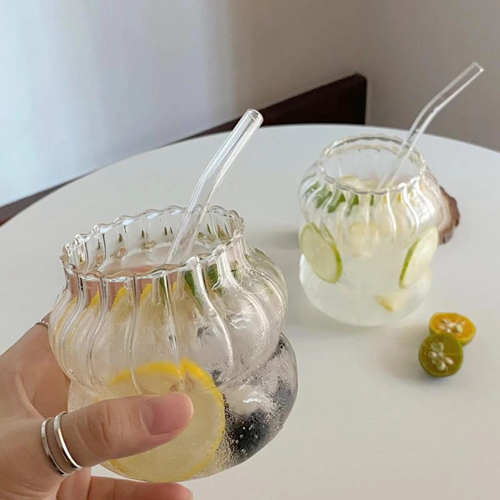 Tasse en Verre Ondulée de 500 ml avec Couvercle et Paille en Bambou