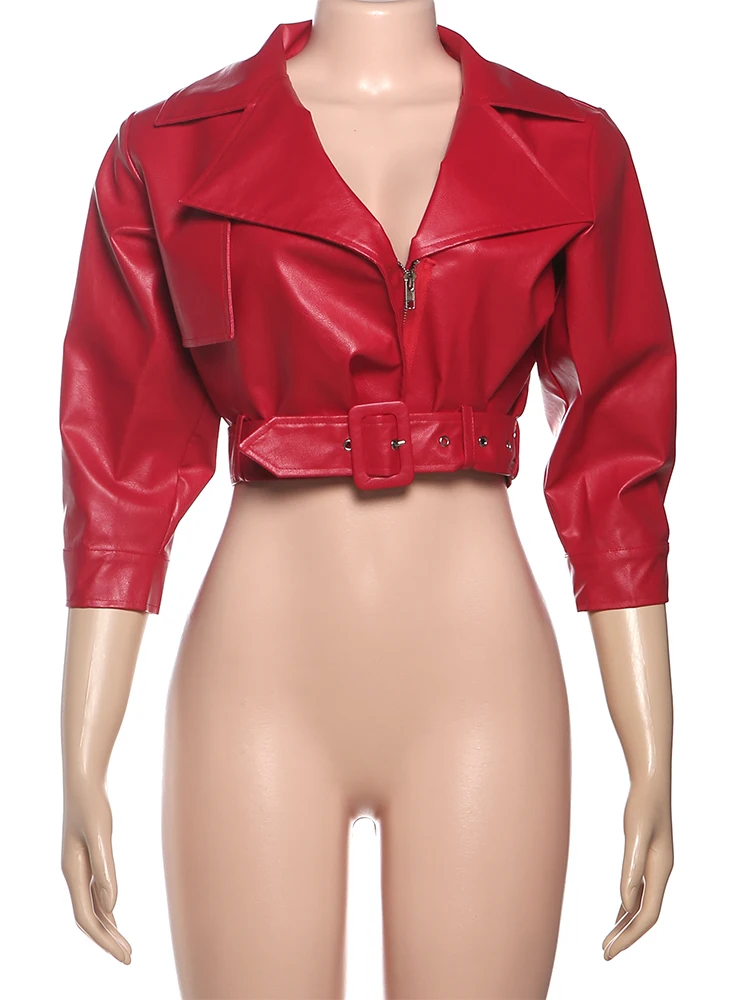 Nibber Hottie Jacket Woman PU Leather Sexy Low-Neck Three Quarter Sleeve Belt Shape Waist Navel Exposed High Street Style Coats