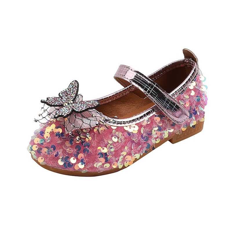 Princess Girls Sequins Bling Leather Shoes Light-weight Butterfly Rhinestone Boutique Party Dance Flats Toddler Baby Dress Shoes