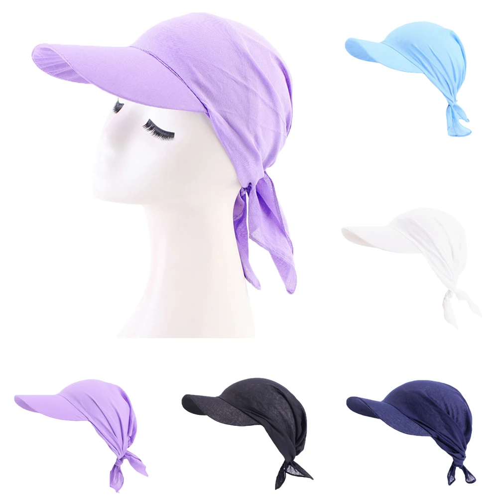 

Outdoor Women Brim Cap Sun Visor with Pre-Tied Muslim Turban Caps Head Wrap Scarf Hijabs Female Bandana Hat Headwear Solid Color