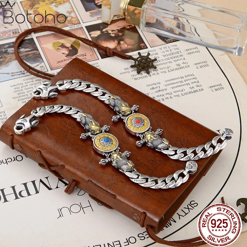

S925 Sterling Silver Men's Pixiu Bracelet Personality Matching Six-character Truth Chain Body Can Rotate Thai Silver Bracelets
