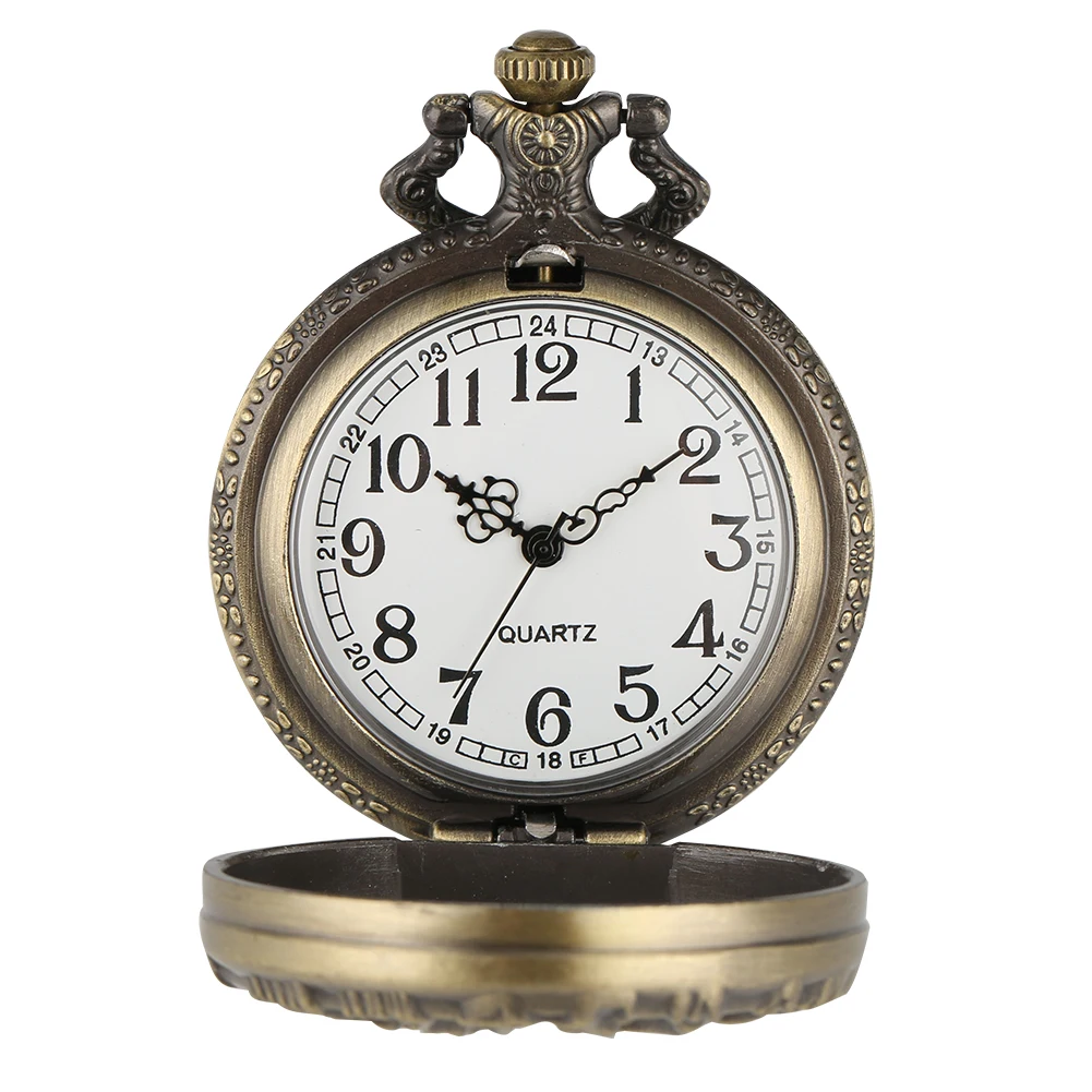 Hollow Out Life Tree Pattern Bronze Pocket Watch with Necklace Chain Arabic Numerals White Dial Vintage Style Pendant Watch Gift
