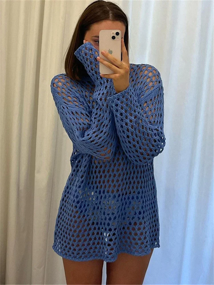 Sexy Hollow Out Knit Cover Up Dress For Women See-Through Loose Beach Holiday Mini Dress Summer Splice Knitwear Cover up
