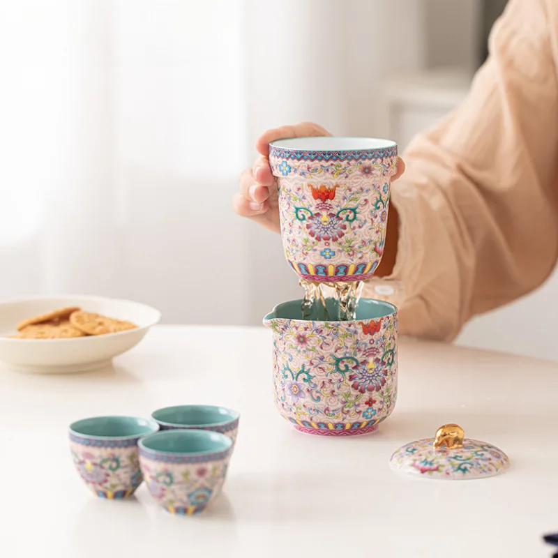 Chinese Enamel Color Travel Tea Set Kit Luxury Set Of Cups 1 Pot 3 Cups Tea Maker Separation Tea Set Portable Stock Bags Craft