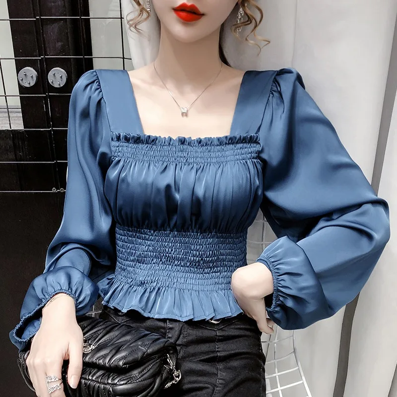 Autumn Satin Silk Shirt Vintage Ruched Shirring Blouse Women French Gothic Lady Long Sleeve Female Palace Victorian Lolita Shirt women gothic lolita birdcage 5 hoop petticoat underskirt medieval victorian circle fishbone crinoline pannier