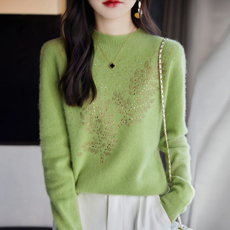 

Autumn Winter New 100 Pure Australian Wool Lined Readymade Clothes Branch Hot Diamond Half High Collar Sweater Women Long Sleeve