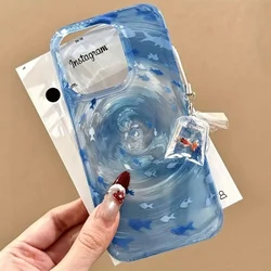 Transparent Blue Vortex Fish Water Ripple Pattern Glitter Case with Koi Pendant - iPhone 15 Pro Max (Blue)