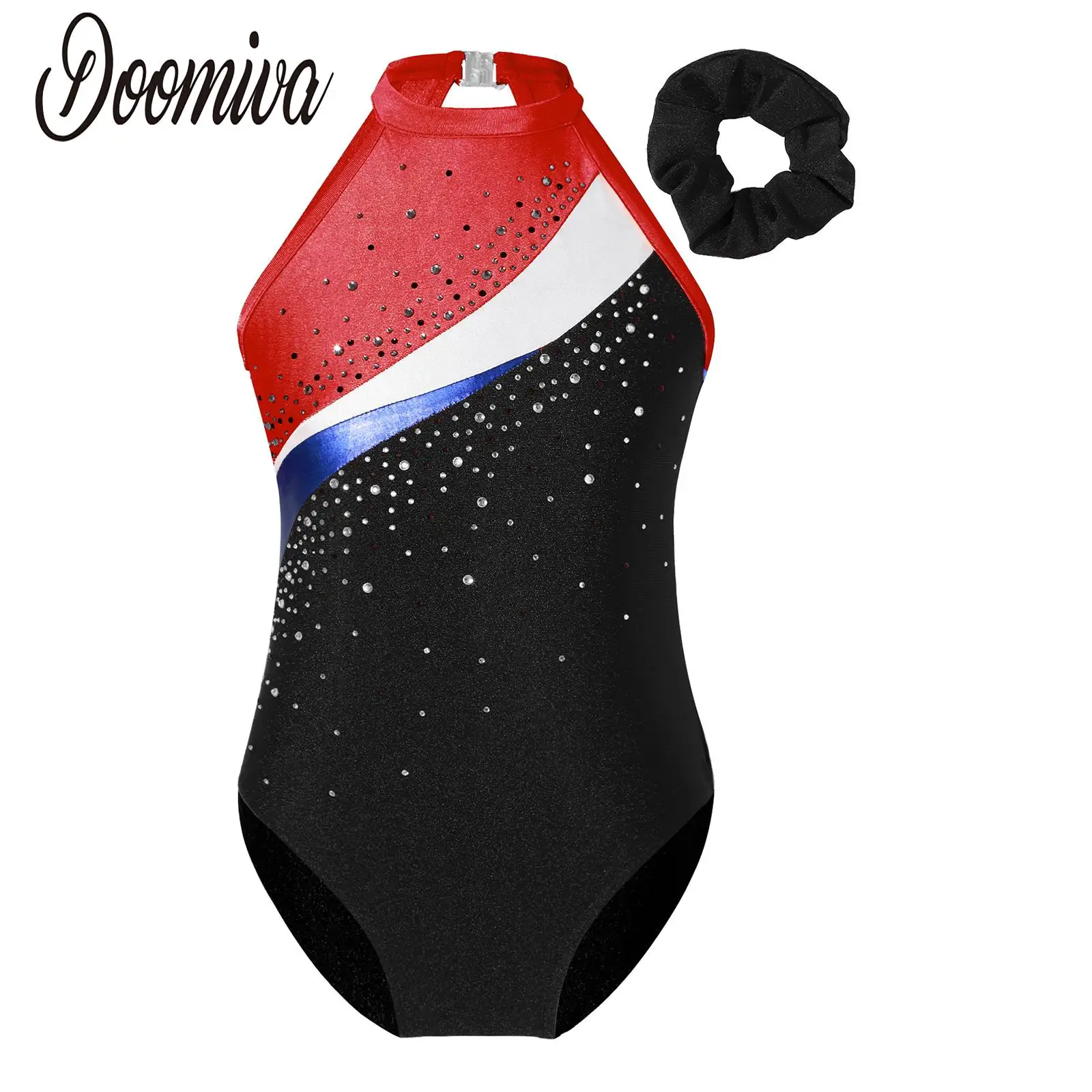 

Children Girls Leotard Gymnastics Rhinestone Ballet Bodysuit with Hair Band Gym Dancing Skating Training Performance Costumes