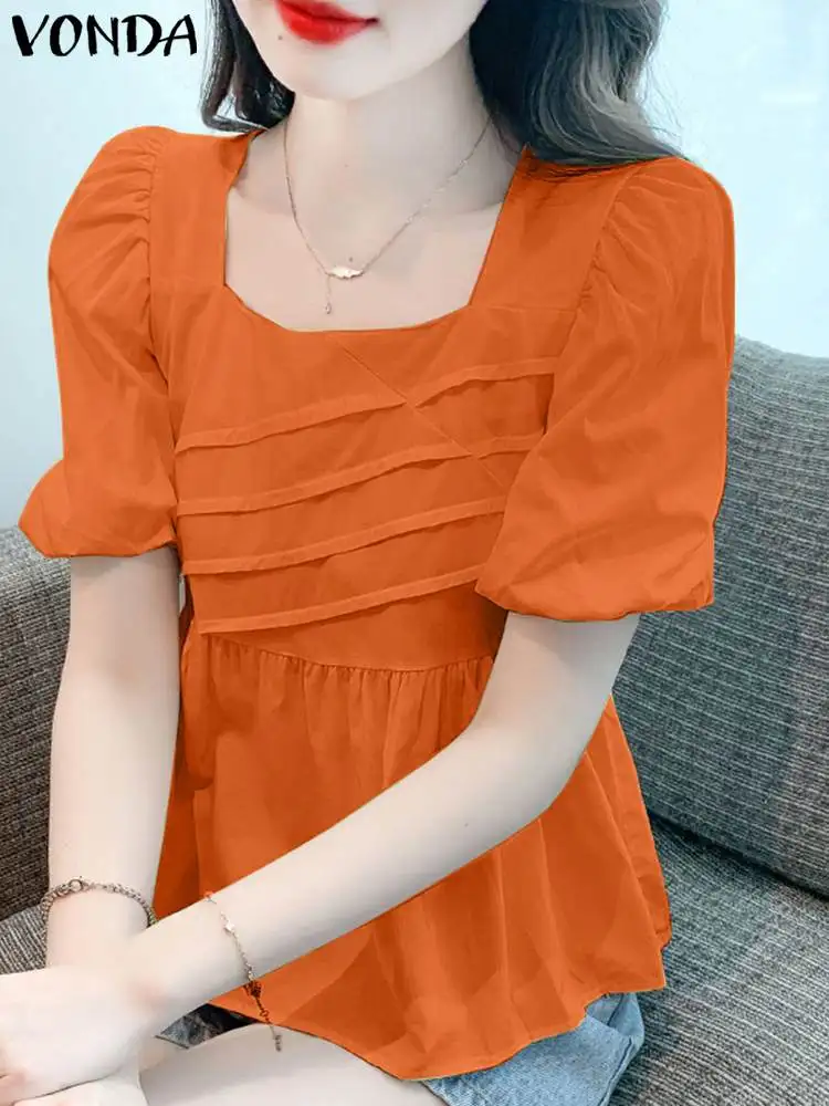 

2024 Летняя женская блузка VONDA с коротким пышным рукавом, рубашки, повседневные свободные рубашки, плиссированные однотонные Блузы с квадратным воротником, женские блузы