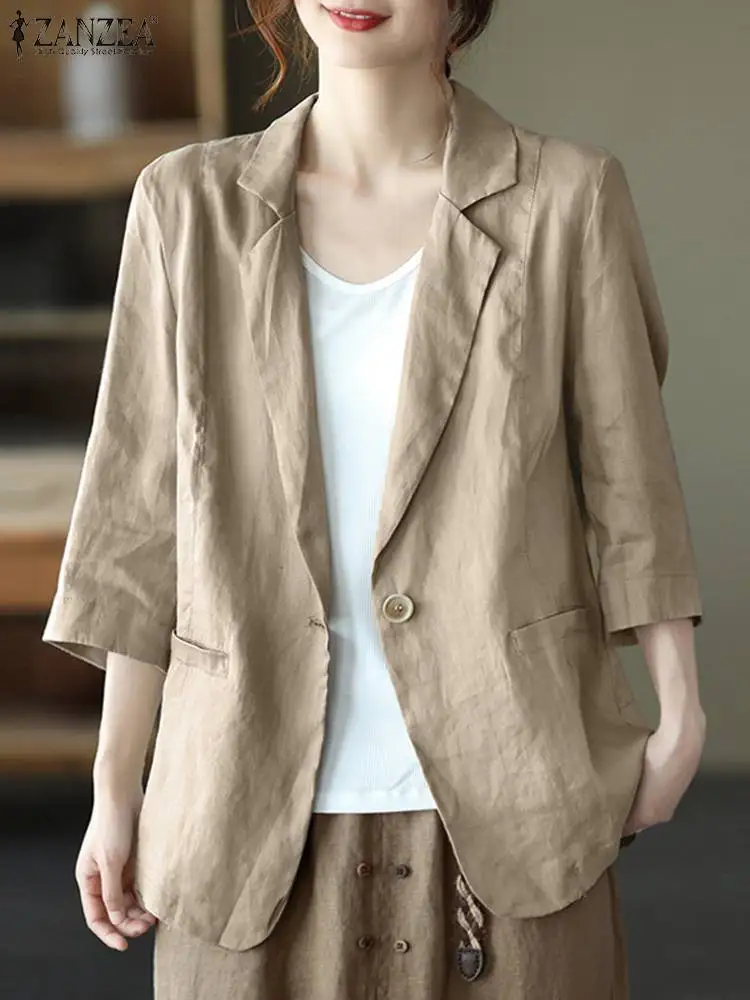 

Винтажный Женский блейзер ZANZEA, однотонная блузка с отложным воротником и рукавом 3/4, костюмы, верхняя одежда, Женская рабочая рубашка, осенние пальто, повседневные куртки, 2023
