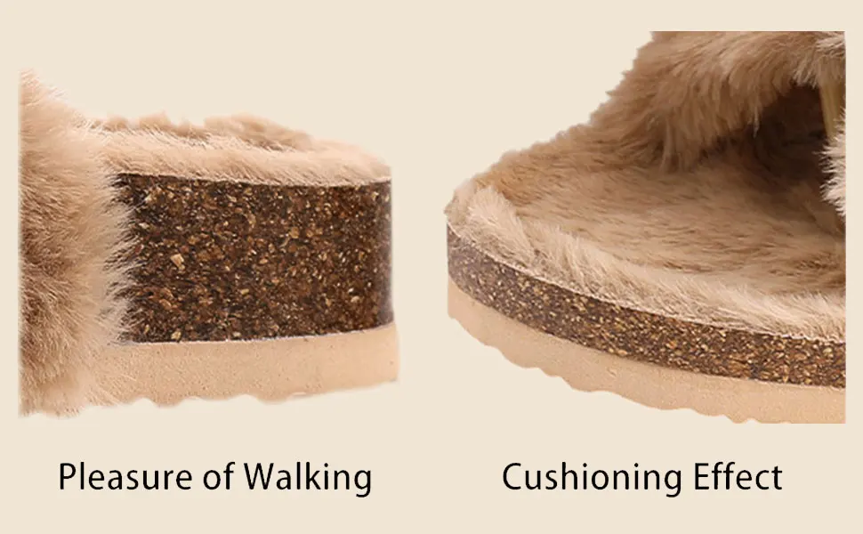 Comwarm Winter Flauschige Damen-Hausschuhe mit Fußgewölbeunterstützung, offene Zehenpartie, Kork-Hausschuhe, pelzige Damen-Sandalen mit verstellbarer Schnalle – Detail 9