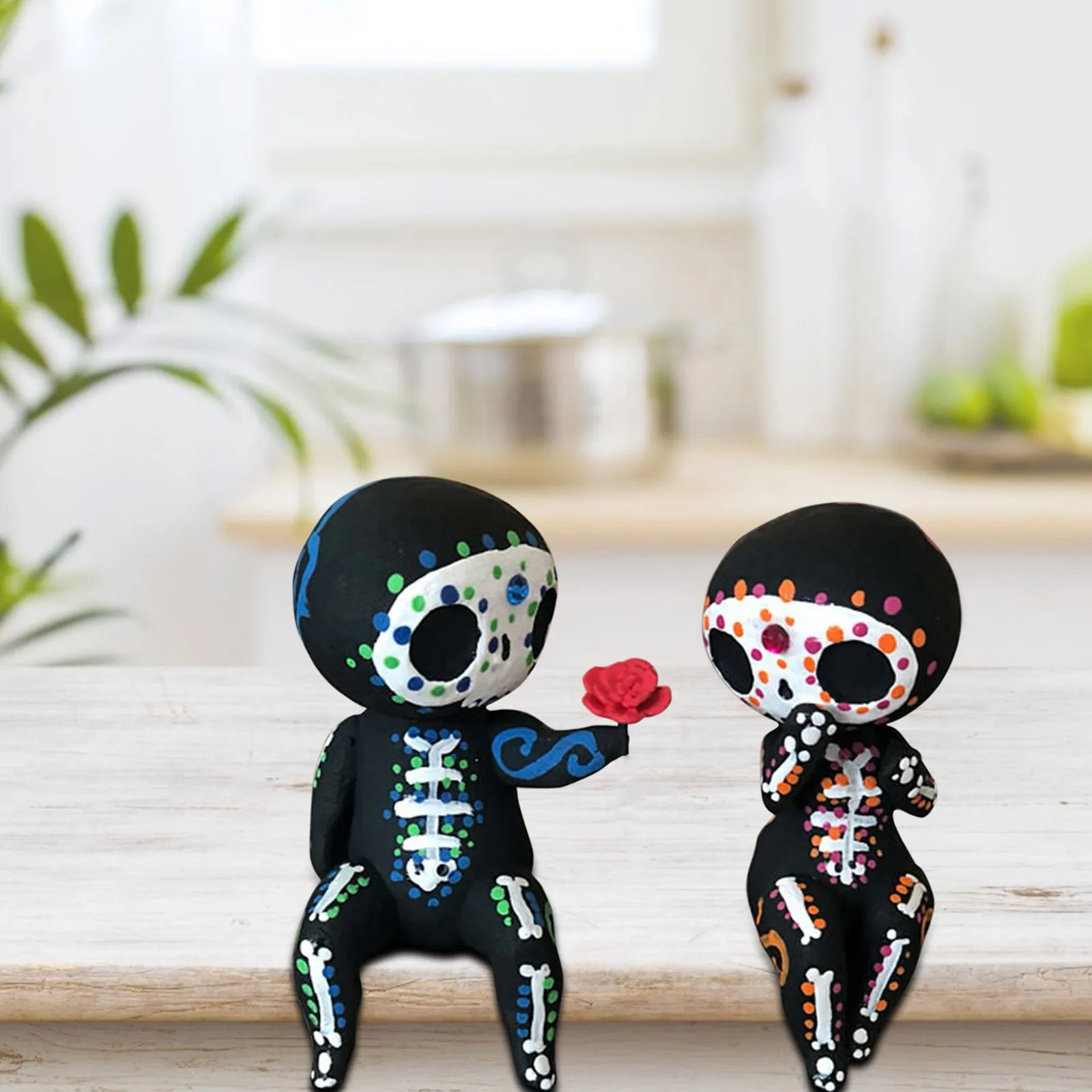 Resin Sugar Skull Couple Figurine Statue Desk Decor Ornament Valentine Gifts Cute Head Skeleton Desktop Display |