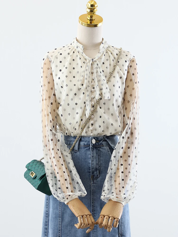

Polka Dot Chiffon Women Shirts Summer New Fashion Design 2022 See Through Bow Neck Lightweight Elegant Office Lady Outwear Tops