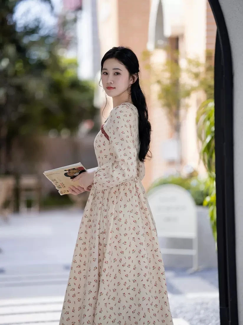 

84-92cm Bust Spring Autumn Women French Vintage Cottagecore Prairie Chic Slim Waist Floral Print Comfortable Cotton Maxi Dresses