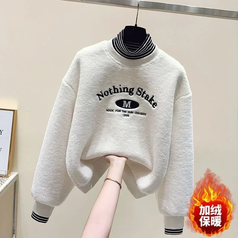 

High quality Women golf wear clothing fashion High collar Sweater Embroidery print fashion villus Thicken warm ladies golf tops