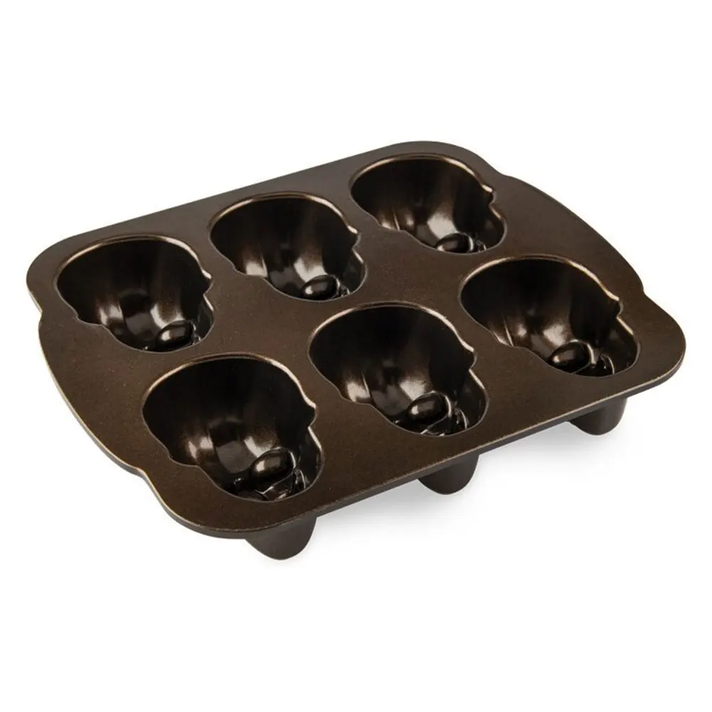 Halloween Skull Cake Pan Molds 6 Cavity 3D Skull Mold Non-Stick Skeleton Chocolate Molds Stainless Steel for Home Kitchen