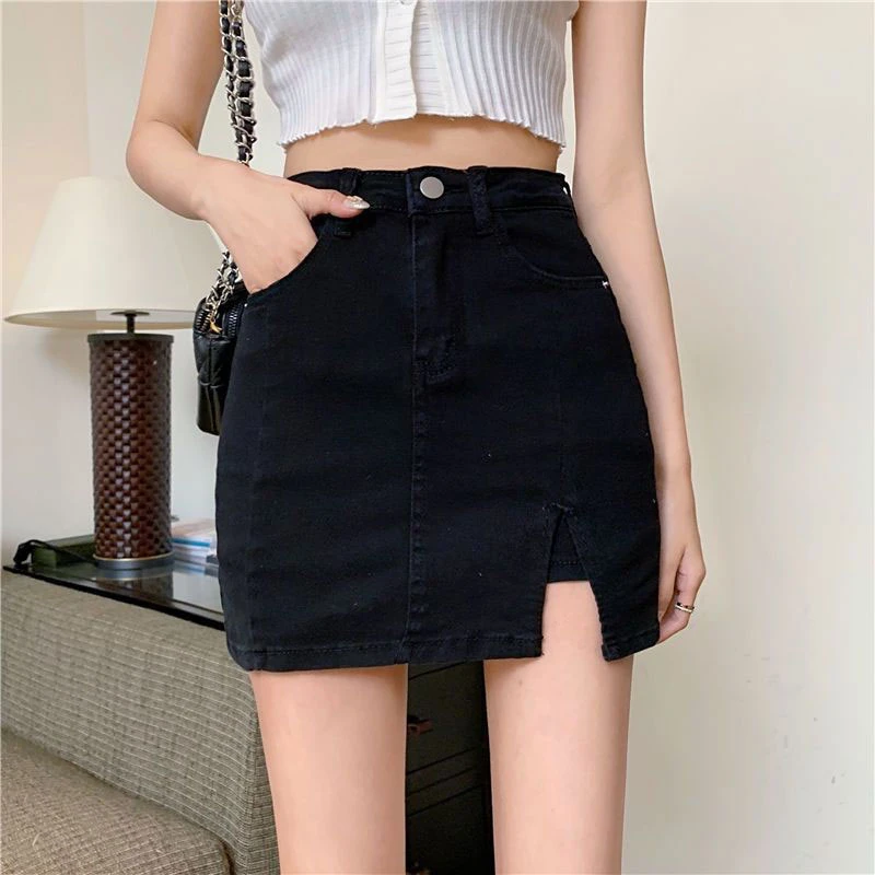 Anti-glare denim bustier ins style new elastic high waist a word short skirt pants open fork package hip black skirt female