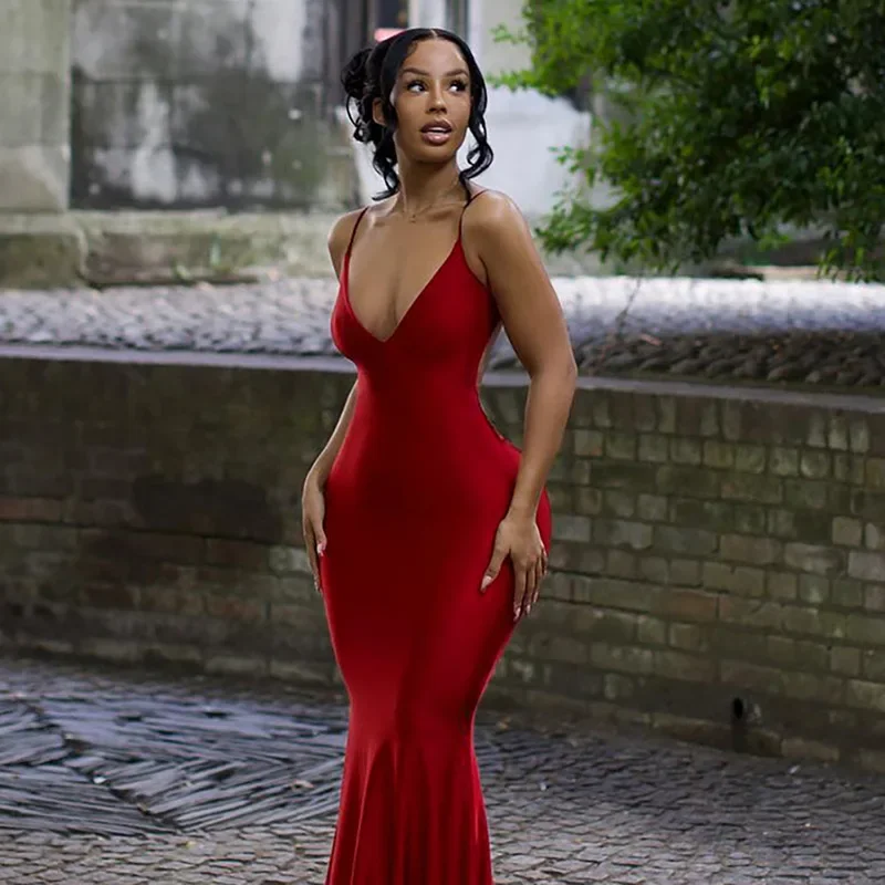 

Women Sexy Elegant Long Evening Dress Red Satin Spaghetti Strap Party Dresses Skinny Ruched Slim Robes Club Outfit 2022 Vestidos