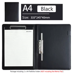A4 PU Leather Padfolio Portfolio with Double Metal Clip and Memo Pad (Black No Memo Pad)