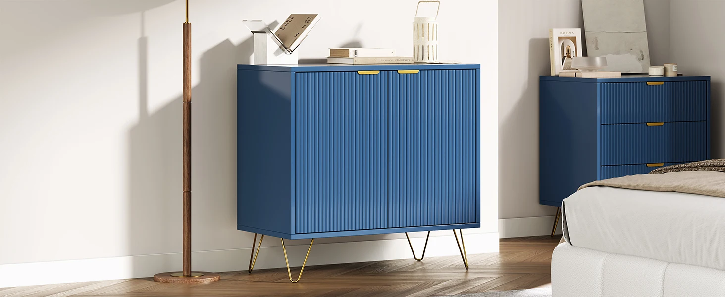 Comanlai Blaues Vertikal Gerilltes Sideboard mit Verstellbaren Regalen und Goldenen Metallbeinen 80x40x78cm für Wohnzimmer-Aufbewahrung – Detail 7