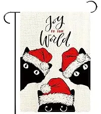 Black Cat Christmas Flag for Outside Joy to the World Winter Christmas Cat Burlap Garden Flag