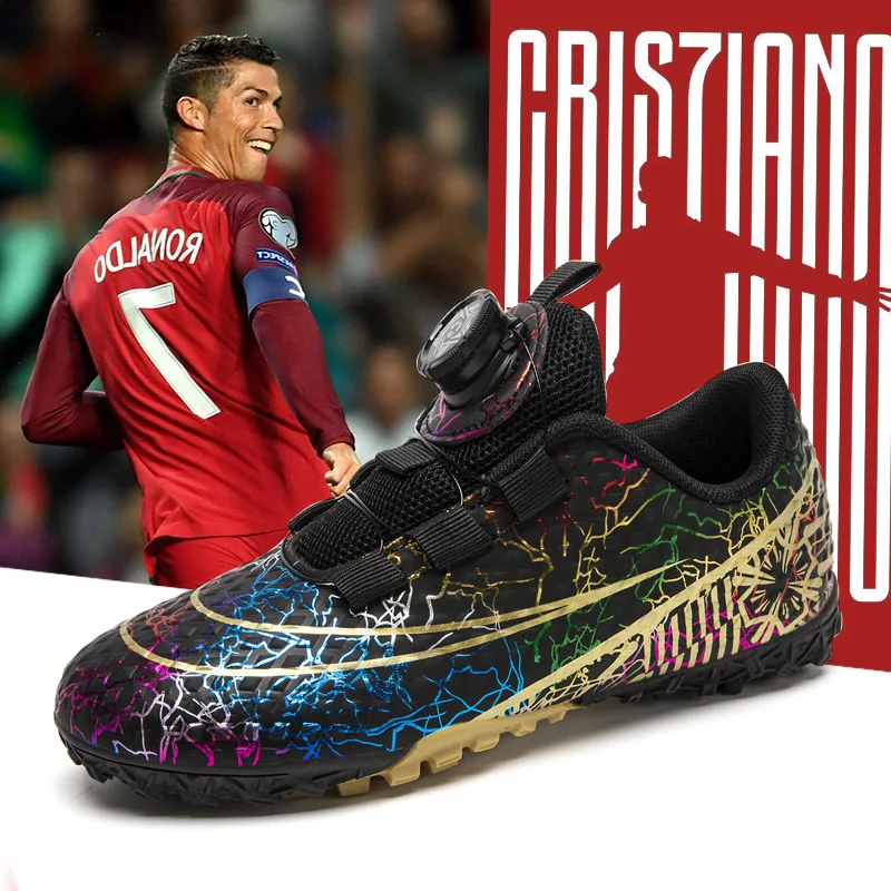 Children Football Shoes Rotary Buckle TF Ankle Boots Non Slip Boys And Girls Five a Side Kids Soccer Indoor Training Sneakers