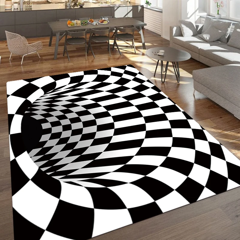 

3D Black & White Grid Pattern Printed Rectangle Carpet Art Rug For Bedroom Living Room Soft Fluffy Rug Nonslip Mat Home Decor