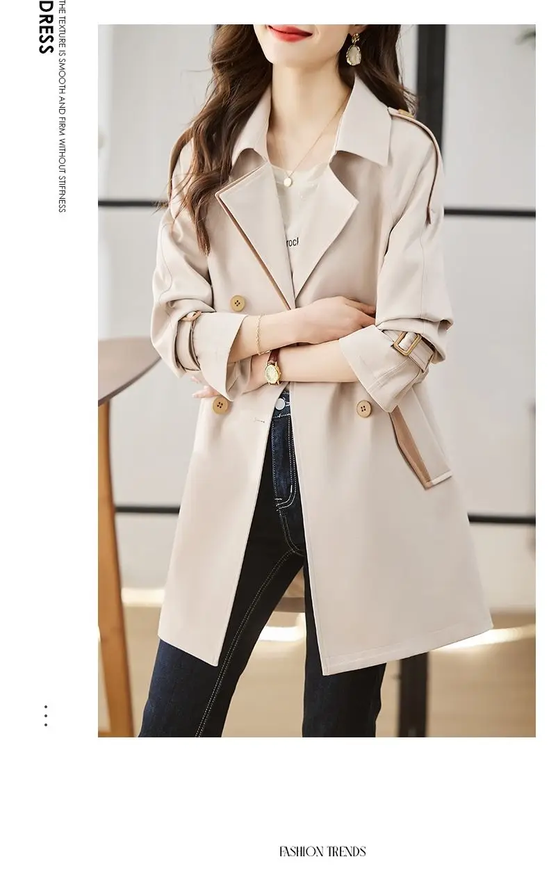 Solid Mid length Trench for Women Fall Winter 2023 New Vintage Turn Down Collar Long Sleeve Jacket Loose Double Breasted Coat