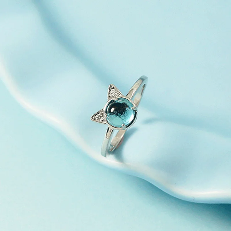 Sterling Silver Blue Imitation Crystal Cat Adjustable Finger Ring for Women Shiny Zircon Blue Cat Eye Stone Rings Серьги Женские