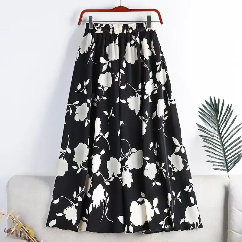 

2023 New Summer Commuting Simple High Waist Printed Cross Covering Slim Mid Length A-line Large Swing Women's Half Length Dress