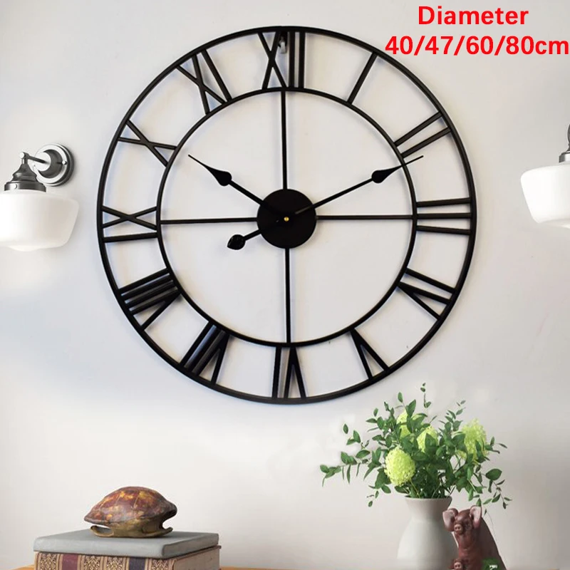 European Style Living Room Wall Clock Roman 3D Large Retro Wrought Iron Wall  Clock Numerals Clock Home Decoration 40/47/60/80cm