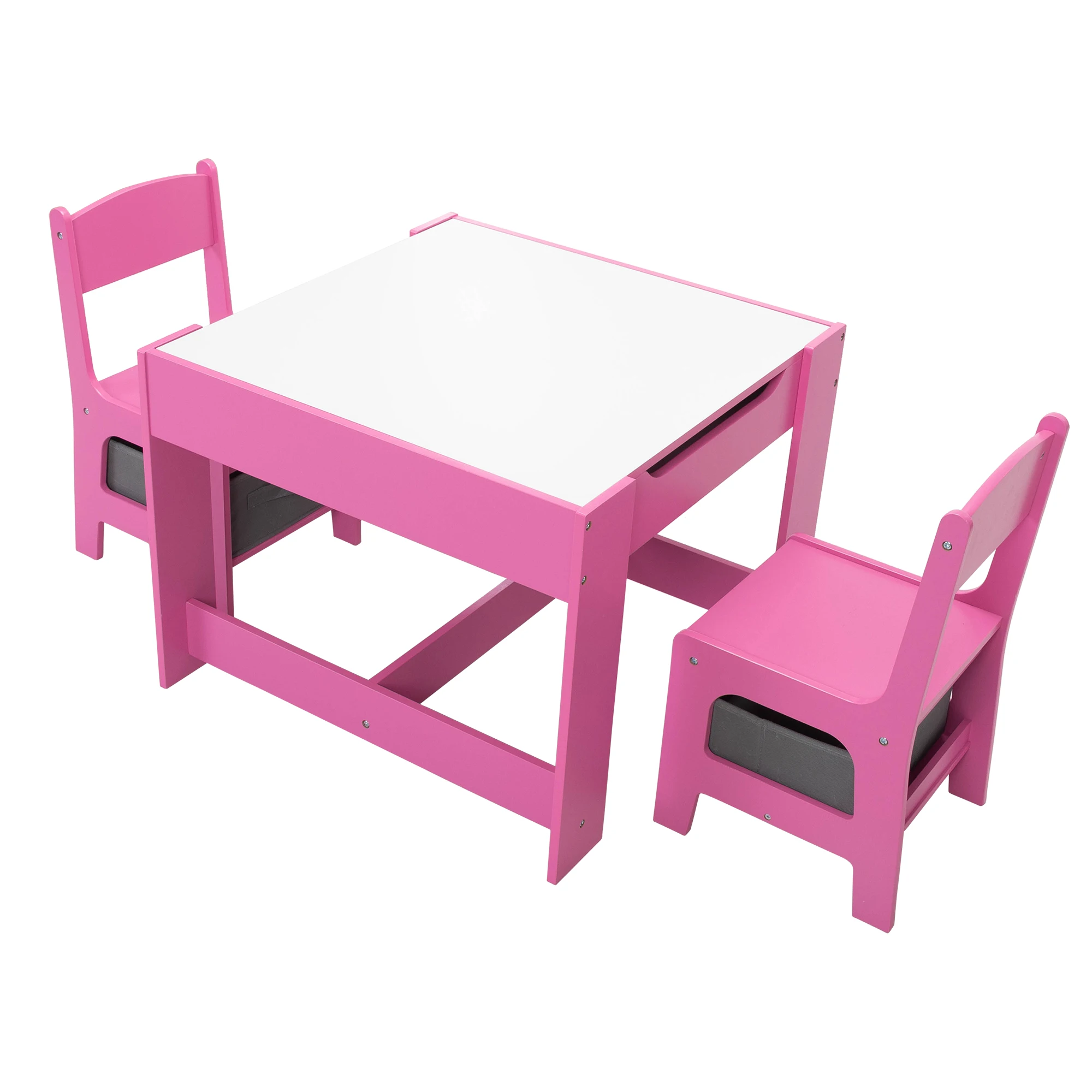 Three in one children's wooden table and two chairs, double-sided drawing table with storage space, blackboard, pink 6