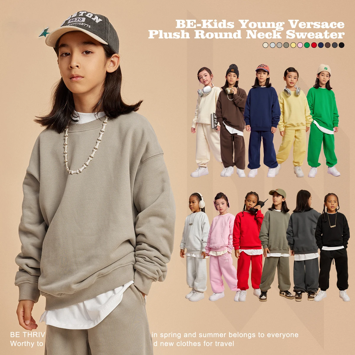 

Thicken pile round collar solid color children's sweater oversize